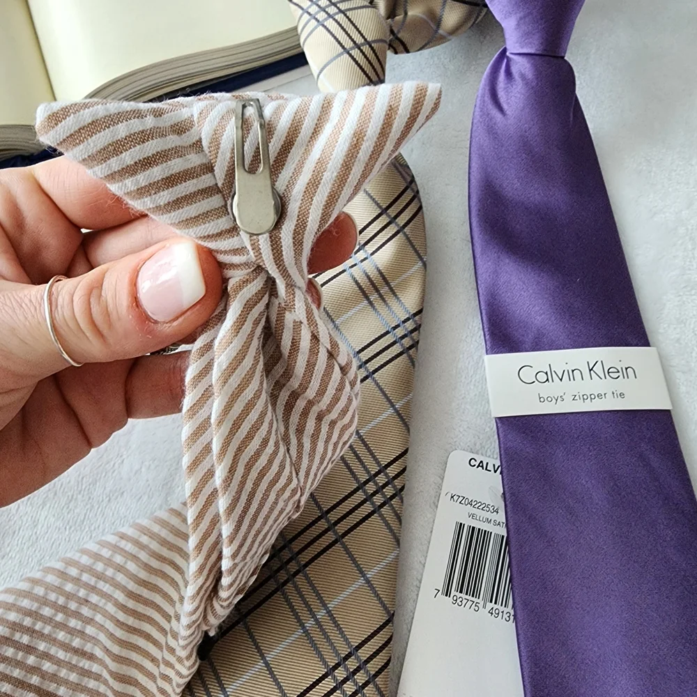 Boys Dress Tie Bundle (3): Solid Lilac Calvin Klein + Neutral Plaid + Striped